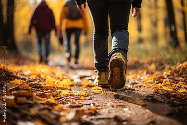Fototapeta Group of tourists walks along the path of the autumn forest. Feet close-up. Traveling in a small group, close up