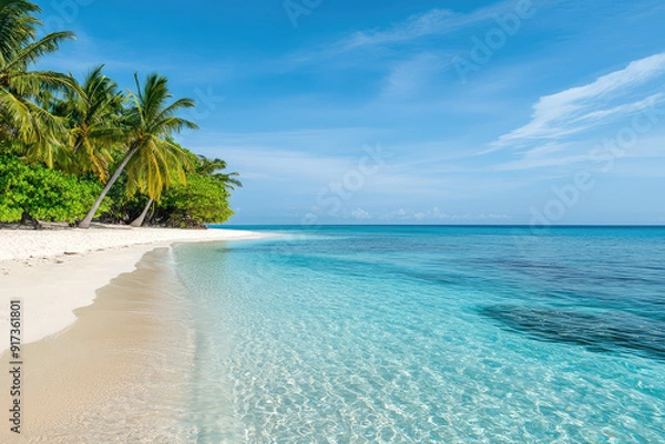 Fototapeta A pristine tropical beach with turquoise waters gently kissing the white sand, surrounded by lush green palm trees under a vivid blue sky.