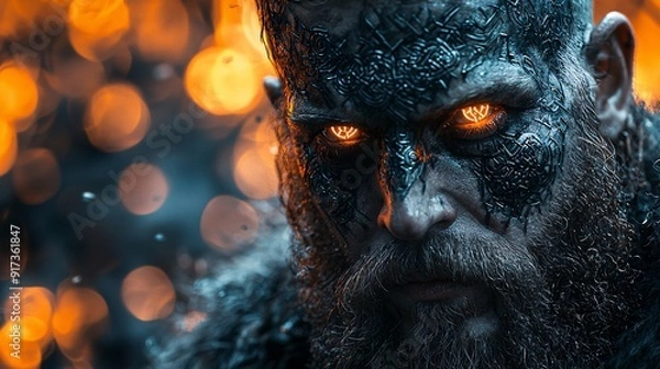Fototapeta Viking warrior with glowing runes and advanced cybernetic armor