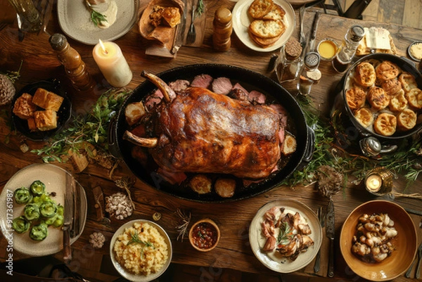 Obraz A grand feast laid out on a rustic wooden table featuring a succulent roast, delectable sides, and delightful bread rolls creates a warm and inviting atmosphere.