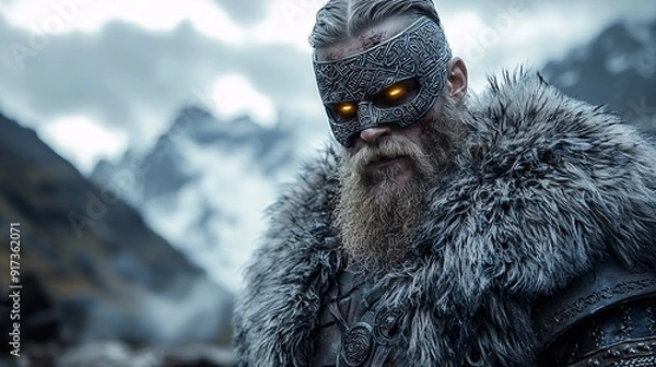 Fototapeta Viking warrior with glowing runes and advanced cybernetic armor