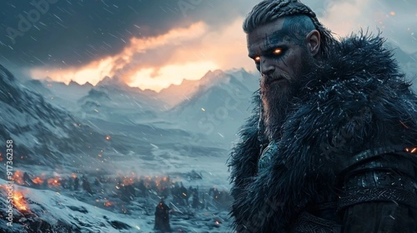 Fototapeta Viking warrior with glowing runes and advanced cybernetic armor