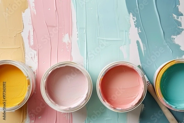 Obraz A collection of open paint cans in a variety of pastel colors with brushes, set for any creative painting project or home renovation..
