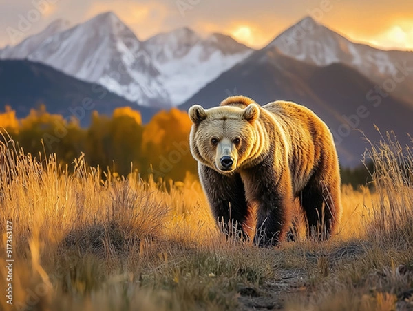 Obraz Majestic Grizzly Bear in Golden Meadow at Sunset