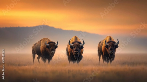 Obraz Three Majestic Bison Grazing at Sunset in the Wild