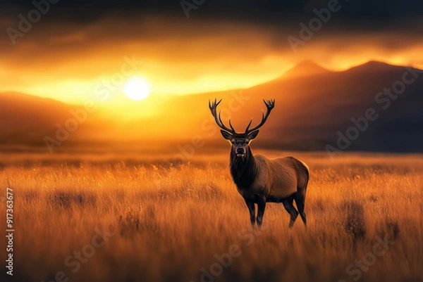 Obraz Stag Standing in Golden Field During Sunset with Mountains