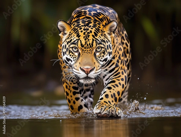 Obraz Majestic Jaguar Stealthily Walking Through Water in Its Natural Habitat