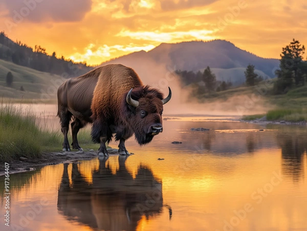 Obraz Bison Standing Near a Lake at Sunset in Scenic Landscape
