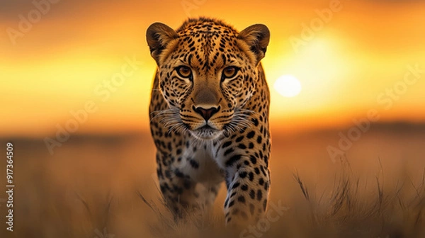 Obraz Majestic Leopard Walking Towards Camera During Sunset in Savanna