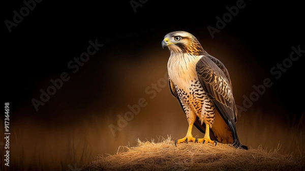 Obraz Majestic Hawk Perched On Hay Bales With Dark Background