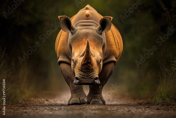 Obraz Powerful Rhinoceros Walking on a Dusty Path in Nature