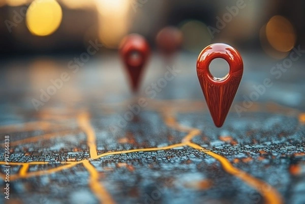 Fototapeta Close-Up of Red Location Pins on Map with Bokeh Effect Background and Blank Copy Space, Travel Concept


