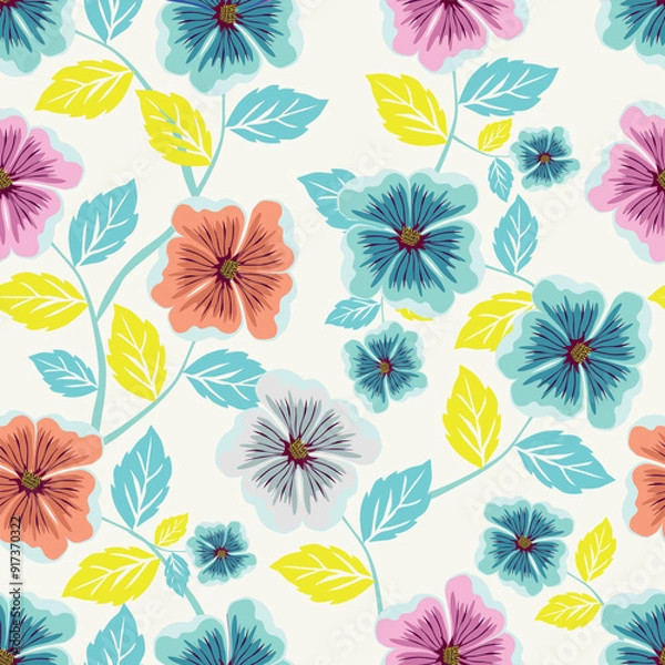 Obraz Hand drawing floral seamless pattern with cotton twigs and berries bouquets on a beige background. Winter Christmas themed background. Botanical illustration