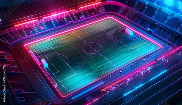 Fototapeta An isometric 3D smart stadium building with a highly technological aesthetic and a dynamic lighting scheme for a truly futuristic and technologically  design, advanced sports arena design