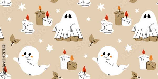Fototapeta Red beige and black seamless prints with Halloween decorative elements - ghost, pumpkin, sculls. Cute vector characters, decor objects - sweets, pumpkin, witch, ghost, bat. Pattern design