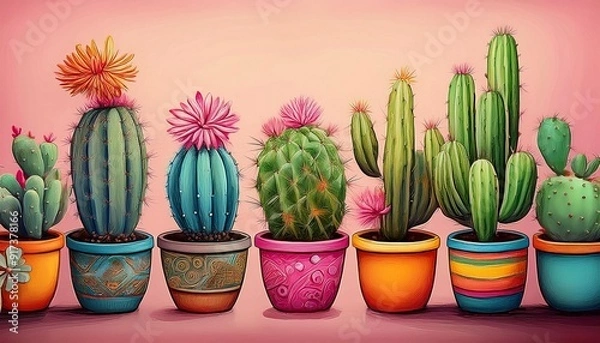 Fototapeta A painting of several cactus plants in colorful pots set against a pink background