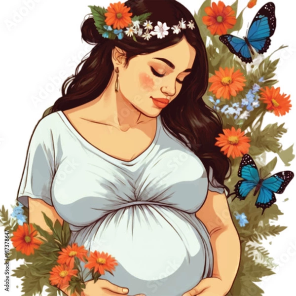 Fototapeta A pregnant woman adorn with colorful flower and butterfly as a symbol of love and nature vector illustration