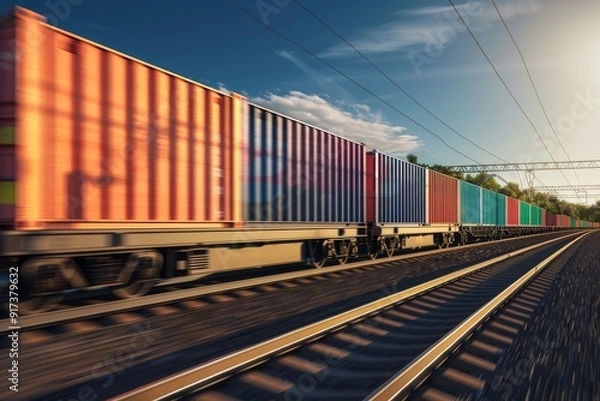 Obraz A colorful freight train speeding on railway tracks during a bright day, symbolizing industrial progress and logistics.