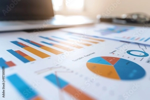 Fototapeta Close-up of colorful data charts laid out on a desk, representing analysis and statistics in a business or financial setting, with a laptop in the background.