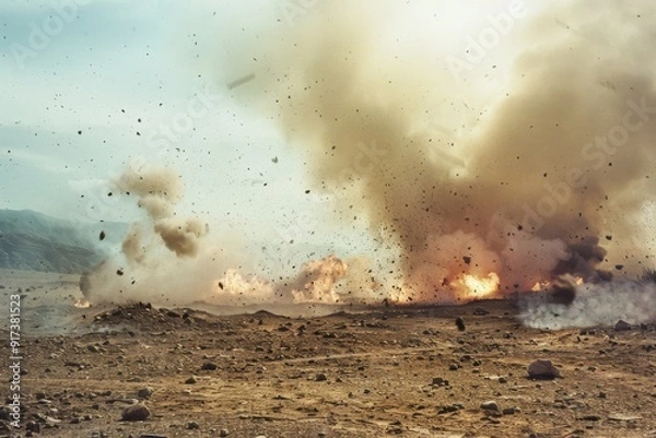 Obraz A powerful explosion in a barren landscape, with debris and smoke billowing into the sky, capturing a moment of intense energy and destruction.