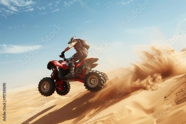 Obraz A thrilling moment captured as an individual rides an ATV mid-air, kicking up sand against a backdrop of vast, sunlit desert dunes under a clear sky.