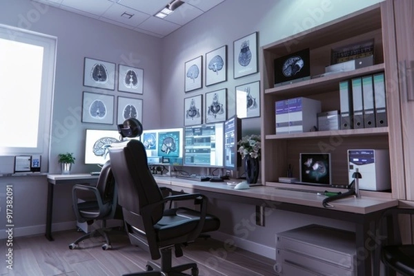 Obraz A sleek, contemporary medical workspace featuring multiple screens displaying brain images, shelves with files, and a comfortable office chair.