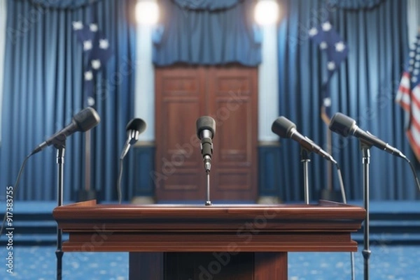 Obraz An official podium with multiple microphones stands ready in an elegant blue-curtained room, hinting at an important announcement or speech to be made.