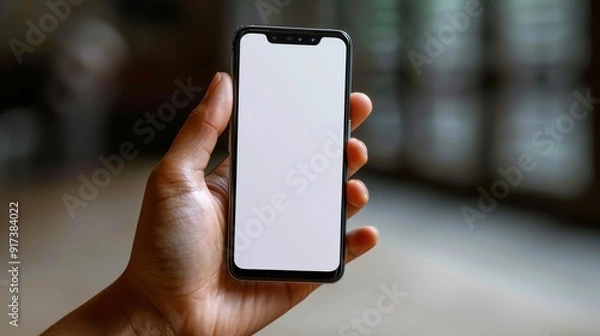 Fototapeta A person holds a smartphone with a blank screen in a well-lit indoor setting during daylight hours