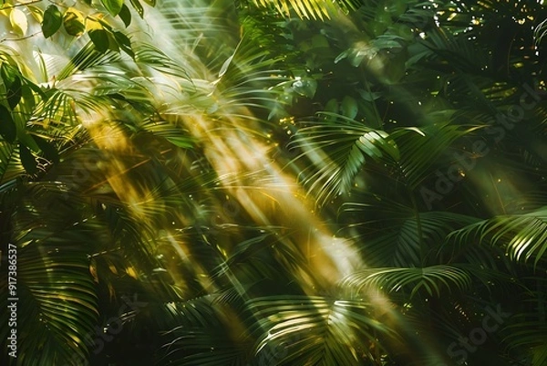Fototapeta Abstract patterns of sunlight filtering through dense foliage, in shades of green and gold, creating a dappled, serene effect, peaceful and harmonious.