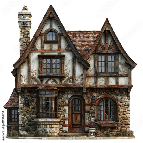 Fototapeta Charming cottage with rustic stone and wood details, featuring a quaint design nestled in a serene environment.