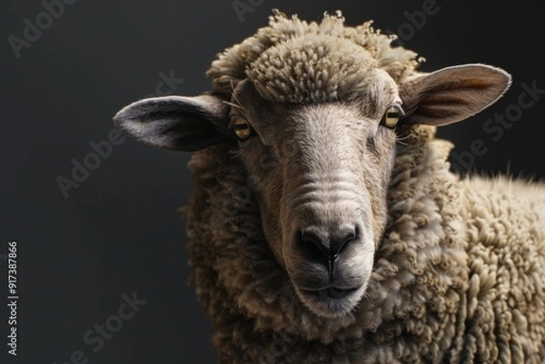 Fototapeta A close-up portrait of a sheep against a dark background, highlighting its textured wool and soulful eyes.