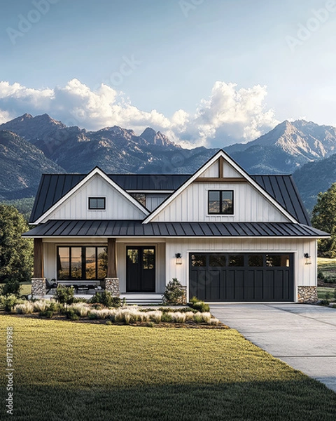 Fototapeta minimalist modern farmhouse style home with a large front porch and central garage, low-pitched shingle roof, light gray walls,