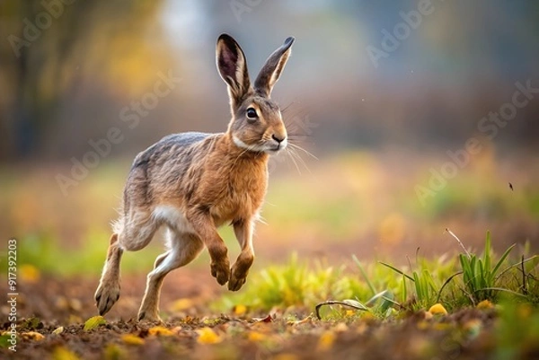 Fototapeta A hare runs across the field in autumn