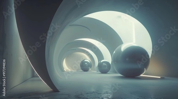 Fototapeta A dynamic, futuristic hallway with sleek white curves and large metallic spheres illuminated by soft ambient lighting creates an ethereal, otherworldly atmosphere.