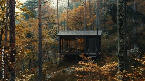 Fototapeta A modern cabin nestled in a dense forest with autumn foliage, the vibrant colors of the leaves creating a cozy, serene, and inviting atmosphere.