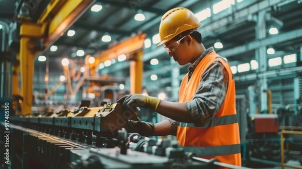 Fototapeta A factory worker in a hard hat and safety vest attentively assembles components with glowing machinery in the background.