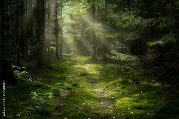 Fototapeta An enchanted forest path, soft light rays breaking through dense canopy, casting dappled light on the mossy trail, creating a peaceful and mysterious ambiance