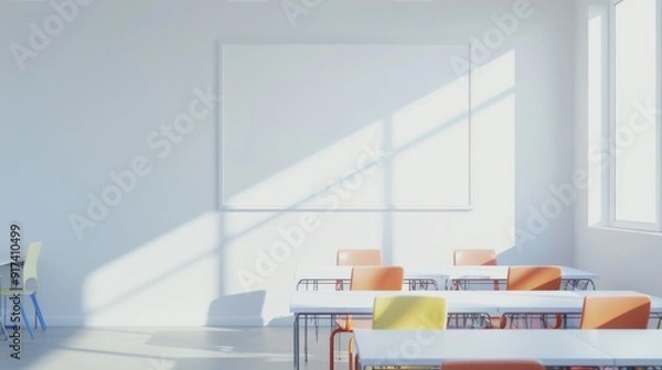 Fototapeta A pristine classroom with white walls, empty desks, and bright natural light streaming through large windows, creating a clean and modern educational setting.
