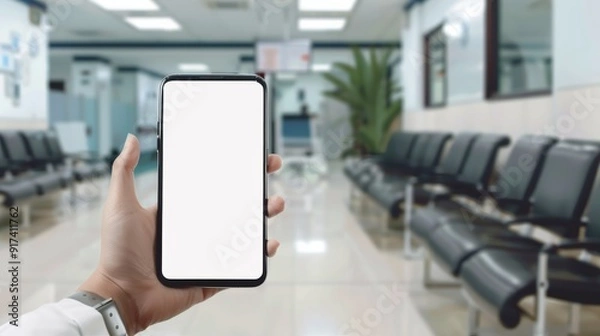 Obraz A hand holding a blank-screen smartphone within a brightly lit waiting room, lined with black chairs and a tile floor, indicating a modern and clean environment.