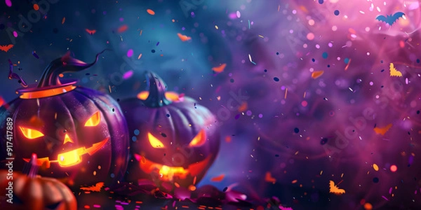 Fototapeta Halloween pumpkins on a beautiful pink and purple background with confetti and shiny bokeh, banner