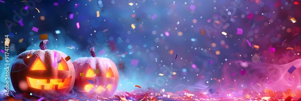 Fototapeta Halloween pumpkins on a beautiful pink and purple background with confetti and shiny bokeh, banner