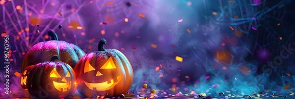Fototapeta Halloween pumpkins on a beautiful pink and purple background with confetti and shiny bokeh, banner