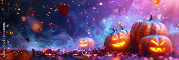 Fototapeta Halloween pumpkins on a beautiful pink and purple background with confetti and shiny bokeh, banner