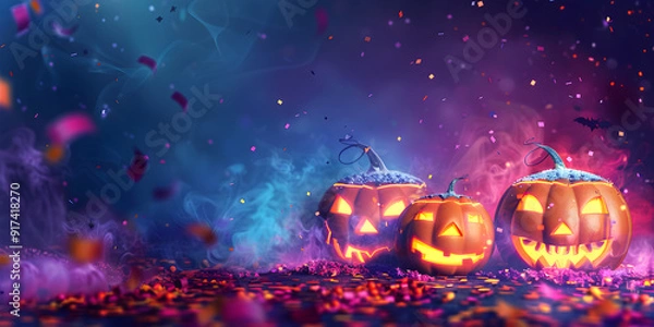 Fototapeta Halloween pumpkins on a beautiful pink and purple background with confetti and shiny bokeh, banner