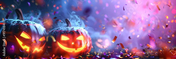 Fototapeta Halloween pumpkins on a beautiful pink and purple background with confetti and shiny bokeh, banner