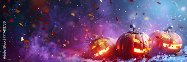 Fototapeta Halloween pumpkins on a beautiful pink and purple background with confetti and shiny bokeh, banner