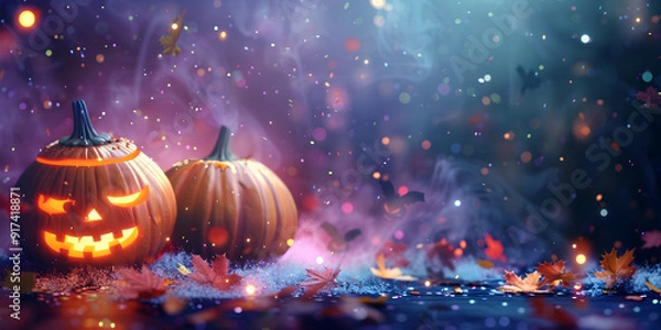 Fototapeta Halloween pumpkins on a beautiful pink and purple background with confetti and shiny bokeh, banner