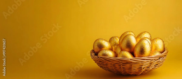Fototapeta Easter basket adorned with gold eggs featuring patterns. isolated on a yellow background design