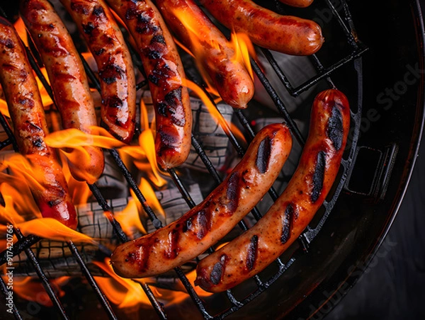 Fototapeta Fried sausages and sausages on the grill, subject photography, banner, top view,