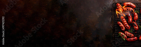 Fototapeta Fried sausages and sausages on the grill, subject photography, banner, top view, free space for text